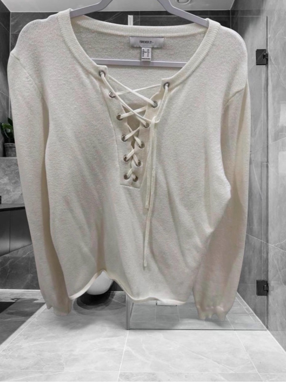 Forever 21 Cream Lace-Up Pullover Sweater